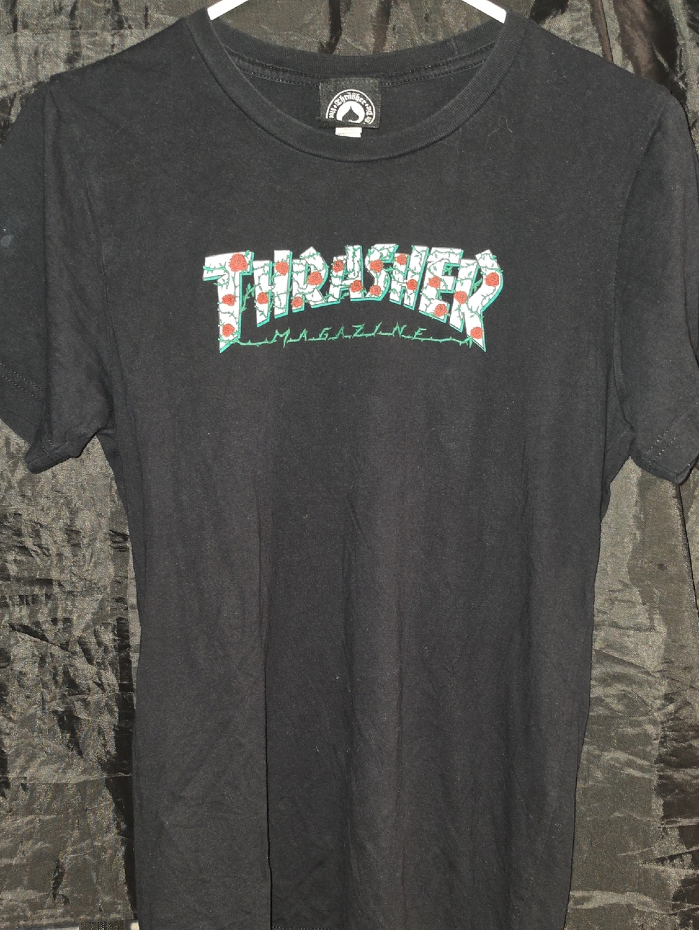 Thrasher Black Tee with Green and Red Botanical Logo